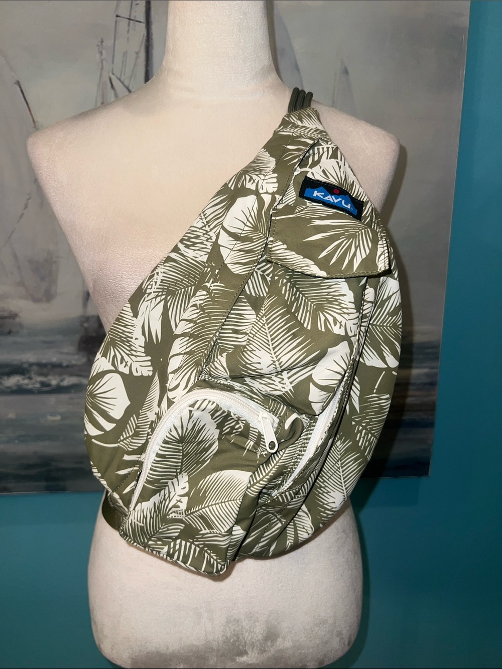 KAVU Olive Green & White Leaf Print Sling Pack